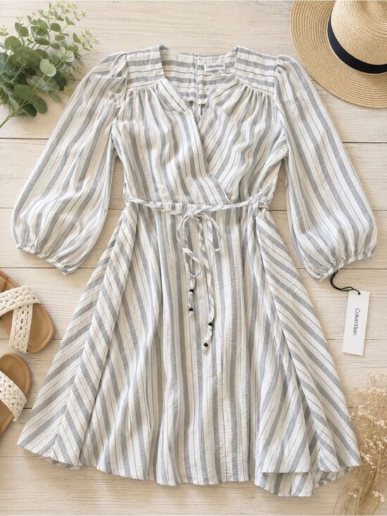 Calvin Klein Dresses & Skirts - NWT Calvin Klein Gray White Striped Wrap Dress | Size 10